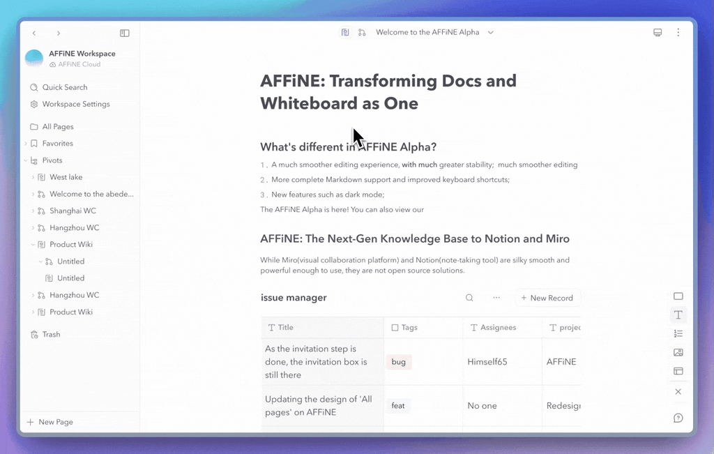 AFFiNE：一个类似 Notion 、Miro 的开源协同知识库系统
