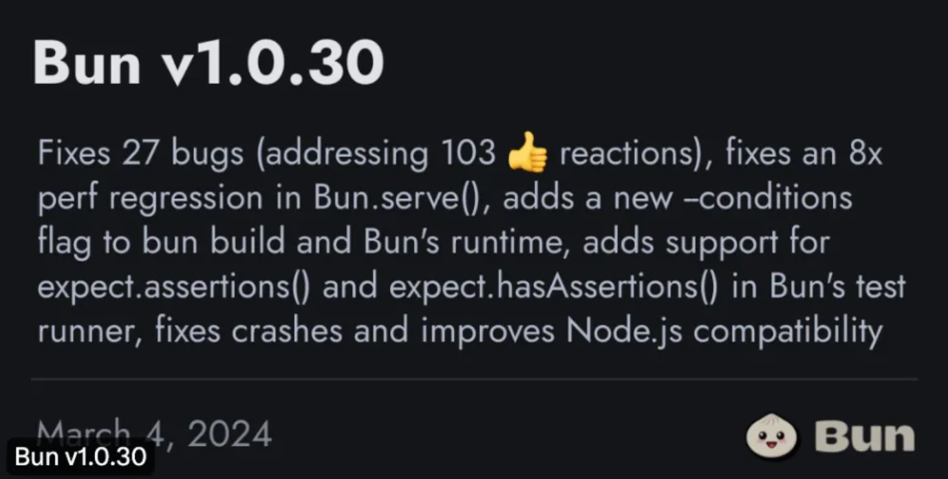Bun v1.0.30 正式发布！即将提供 Windows 稳定版本