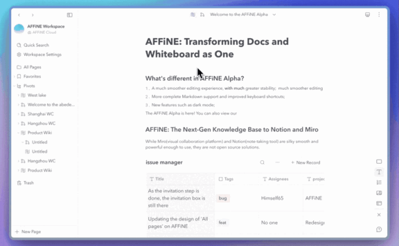 AFFiNE：一个类似 Notion 、Miro 的开源协同知识库系统